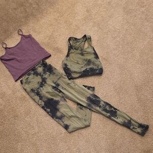 Olive Tie-Dye High-Waist Leggings with Matching Sports Bra - Olive/Black
